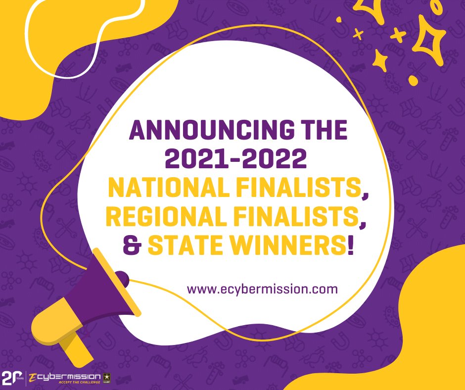 ecybermission's tweet photo. We are proud to announce the 2021-2022 eCYBERMISSION National Finalists, Regional Finalists, & State Winners! Read the list at https://t.co/EB7SMaZKIi. The road to our National Judging & Educational Event starts today!
@USAEOP @usarmy_devcom @NSTA @Battelle
#RoadtoNJEE #ecyber22 https://t.co/qKgqGkyttr