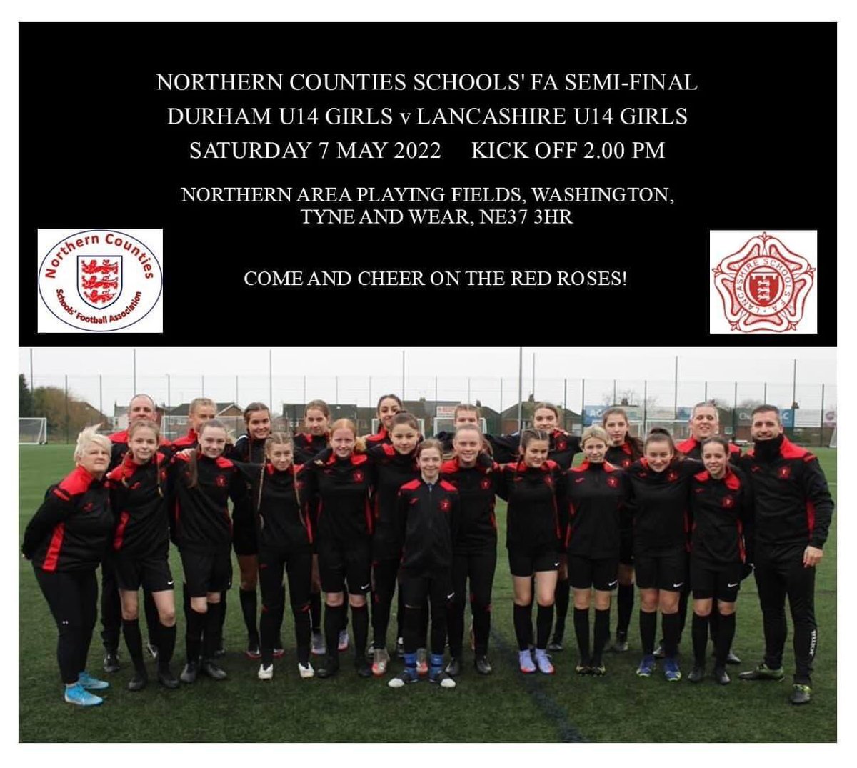 LSFAGirls's tweet photo. It’s match day eve! 
Our U14s are back in action tomorrow in their Northern Counties Schools’ FA semi-final match away v Durham U14s. Kick off 2.00pm. Further details in the image below…good luck, girls! 
#U14s #COYRR #RosesLive ⚽️🌹 https://t.co/AViqEbBoNu