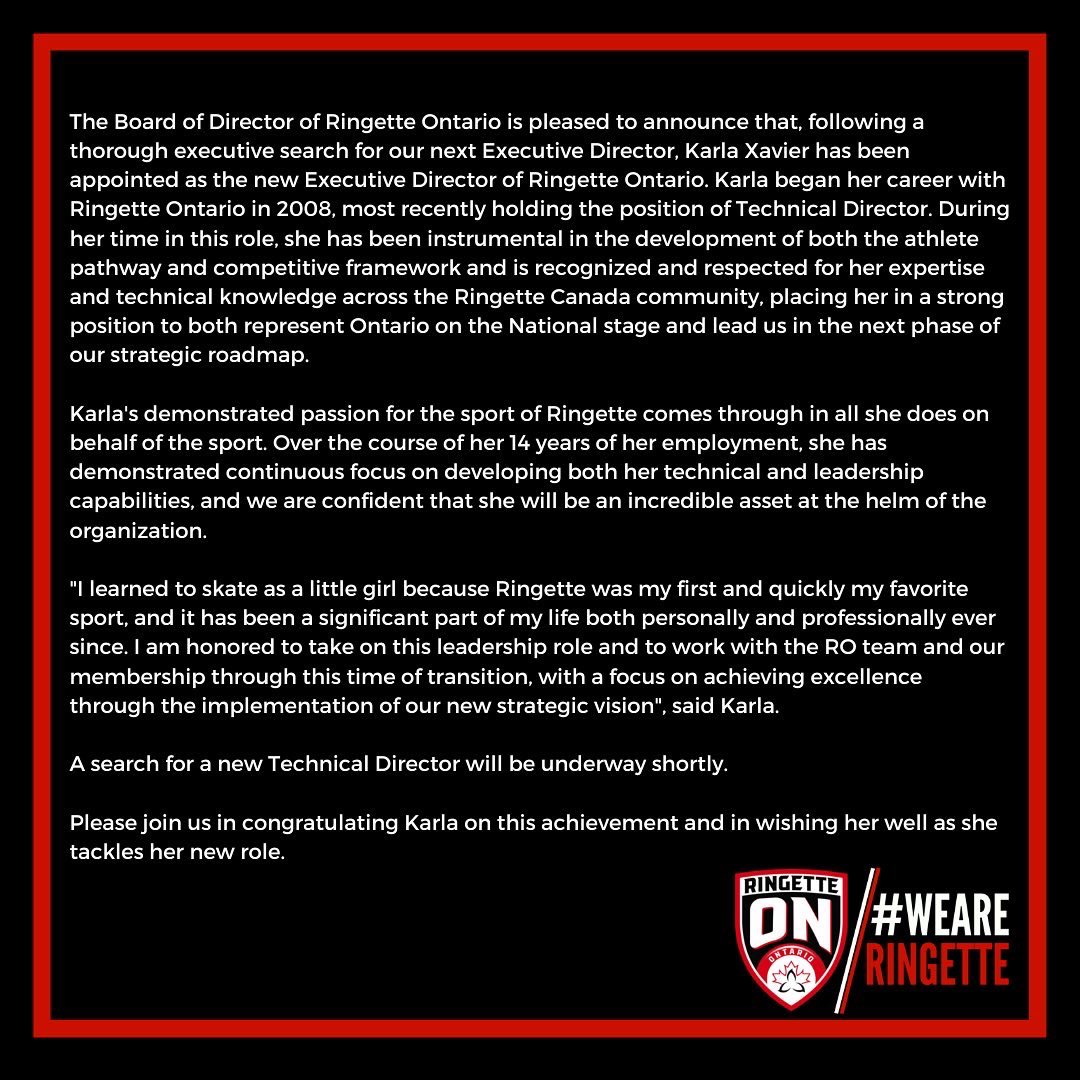 📣 Official Announcement | Ringette Ontario Announces New Executive Director Karla Xavier.