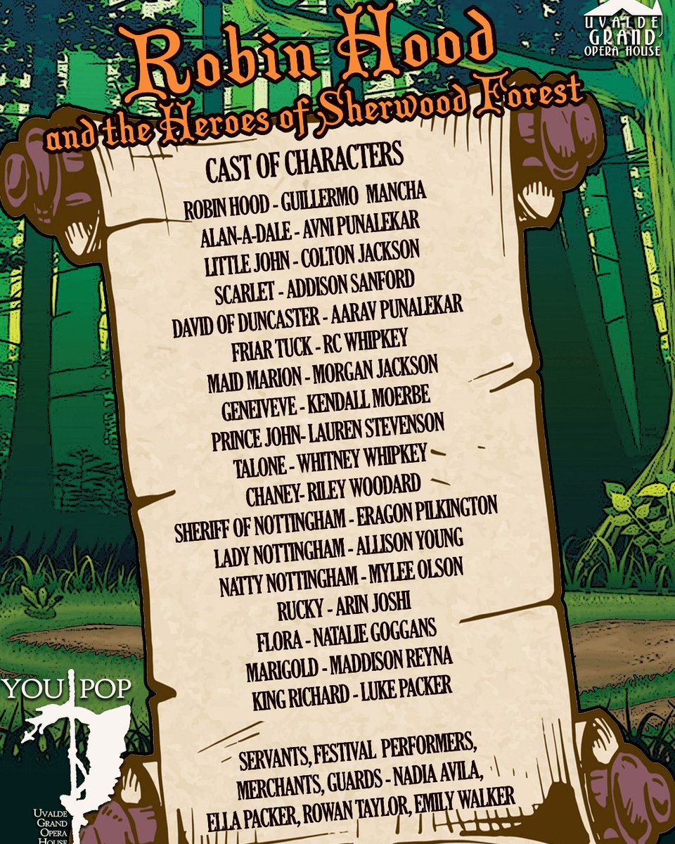 uvaldeopera's tweet photo. We have an incredible cast for our 2022 YouPOP Production of "Robin Hood and the Heroes of Sherwood Forest!"

Thank you to all who auditioned! There is still room in our ensemble for those who'd like to participate. 

#uvaldeopera #youpop #youththeater #robinhood #castlist https://t.co/yzMCA0ZKxZ