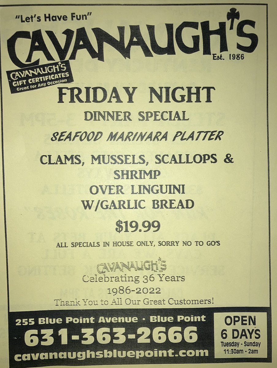 CavanaughsPub's tweet photo. Friday dinner specials, serving Dinner, Appetizers & TO GOβS, kitchen open till 9:30pm. Place your Kentucky Derby bets today, advanced wagering today. #cavanaughs #otb #HorseRacing #kentuckyderby #Suffolkofftrackbetting #irishpub #bayport #cavs #bpfd https://t.co/00gMiofj5M