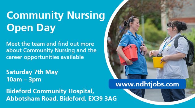 NDHTcareers's tweet photo. **Community Staff Nurse Vacancies**

Recruitment Day Tomorrow - Saturday 7th May from 10am to 3pm

Please come and see us at Bideford Hospital to apply in person or find out more about nursing career progressions. 

https://t.co/hhJdwP3jr5 https://t.co/eEqJCdRE5q