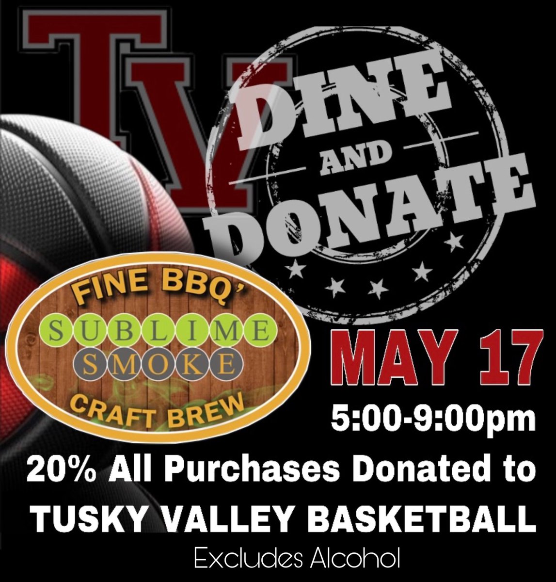 TVLadyHoops's tweet photo. Support Tusky Valley Boys’ and Girls’ Basketball at Sublime Smoke on May 17. Just let them know that you’re supporting the basketball program or show them a screenshot of this flyer.  20% of sales(excluding alcohol) will be donated to the basketball program. https://t.co/2VRCXfHhwi