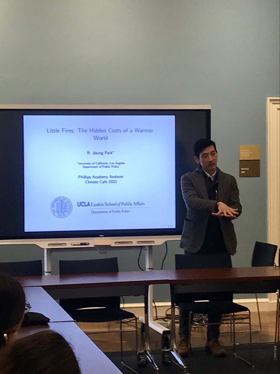 OWHLibrary's tweet photo. So thankful to Dr. Jisung Park ‘04 for giving the last #ClimateCafe talk of the year in the @TangInstitute. He spoke with students about climate change, market externalities, &amp; the need for better social policies to address the environmental &amp; social effects of market failures. https://t.co/lksVdY7OD1