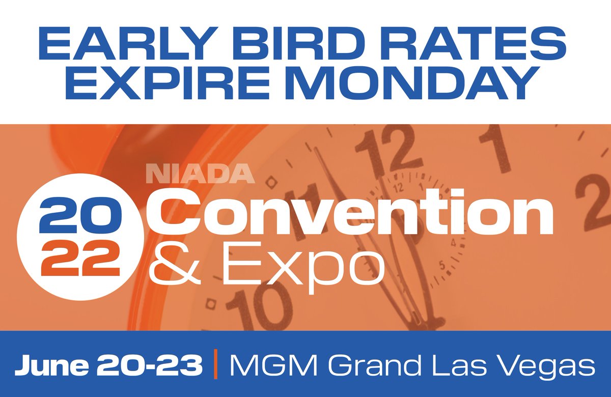 Take advantage of the Early Bird Rate before it expires May 9th. This is your last change to get $100 off registration for the most important used car industry event of the year.

Register now: niadaconvention.com

#niada #nabd #usedcardealer #usedautodealer  #niada2022