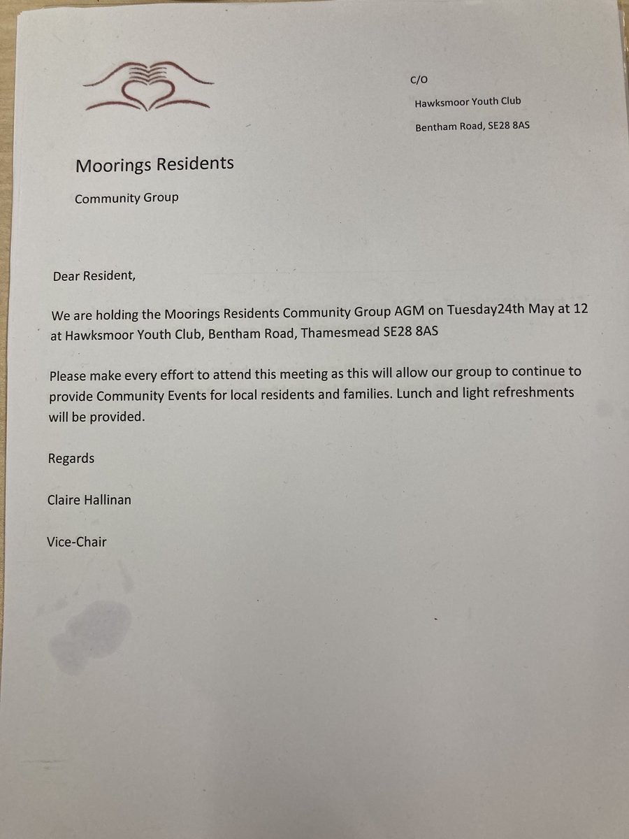 GroupMoorings's tweet photo. Invite to AGM with refreshments ⁦@MPSThamesmeadM⁩ ⁦@MooringsNF⁩ ⁦@ThamesmeadLDN⁩ Please come and support your local community group #thamesmead ⁦@royalgreenwich⁩ https://t.co/9fxqf4bpwj