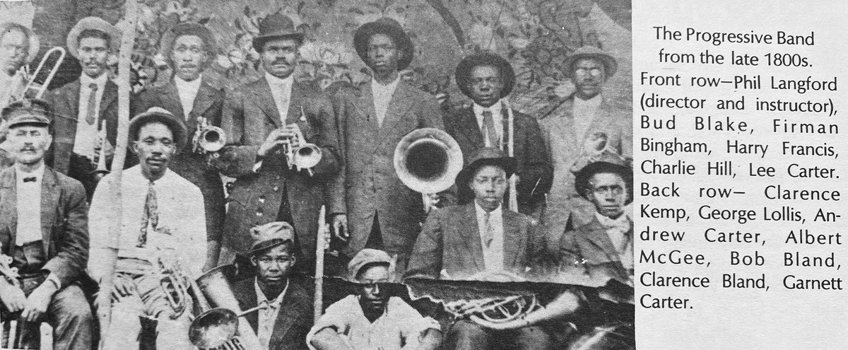 HistTanglefoot's tweet photo. Let’s continue our band theme w/The Progressive Band, late 1800’s. Front: Phil Langford, Bud Blake, Firman Bingham, Harry Francis, Charlie Hill, Lee Carter. Back: Clarence Kemp, George Lollis, Andrew Carter, Albert McGee, Bob Bland, Clarence Bland, Garnett Carter. https://t.co/ardsZOosDo