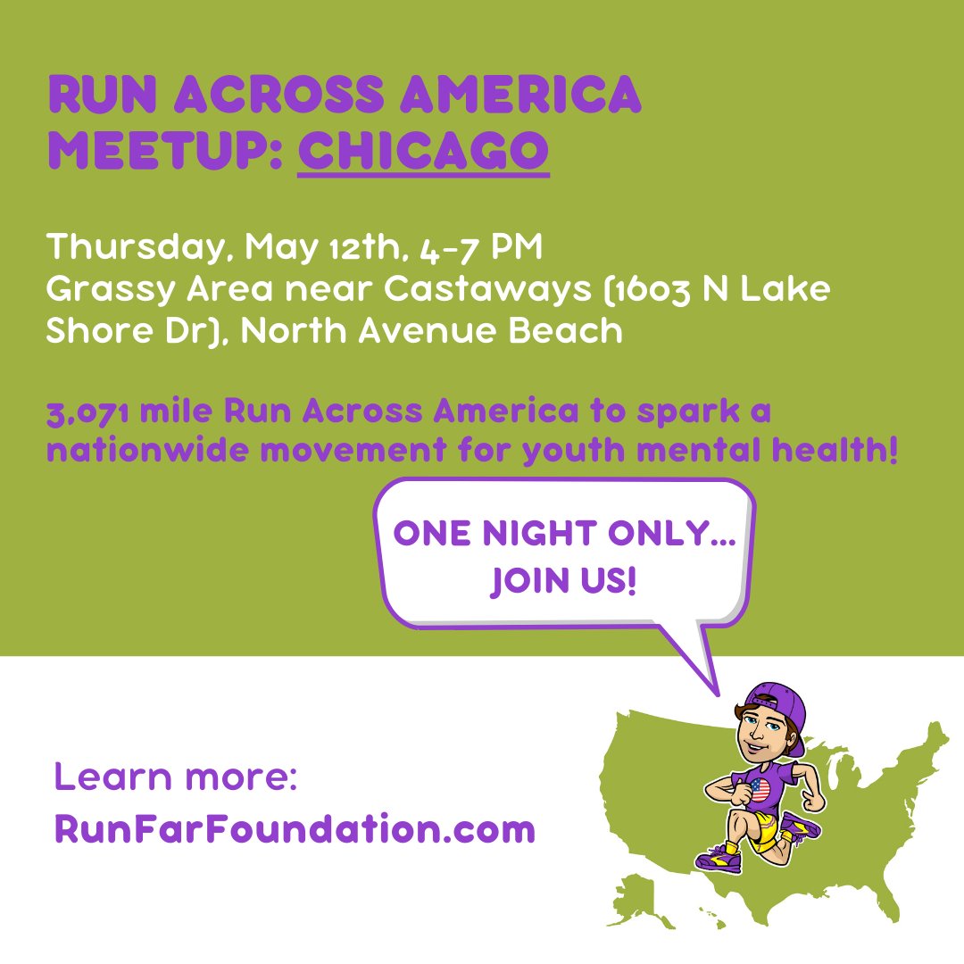 SEE YOU NEXT THURSDAY CHI-TOWN ⚡️! <a href="/RunFarFdn/">Run Far Foundation</a> is hosting our next meetup in #Chicago and we want to meet YOU! Come celebrate Day 18 of Run Across America and 850+ miles crushed as we head west to the Pacific to spark a nationwide movement for #youthmentalhealth.