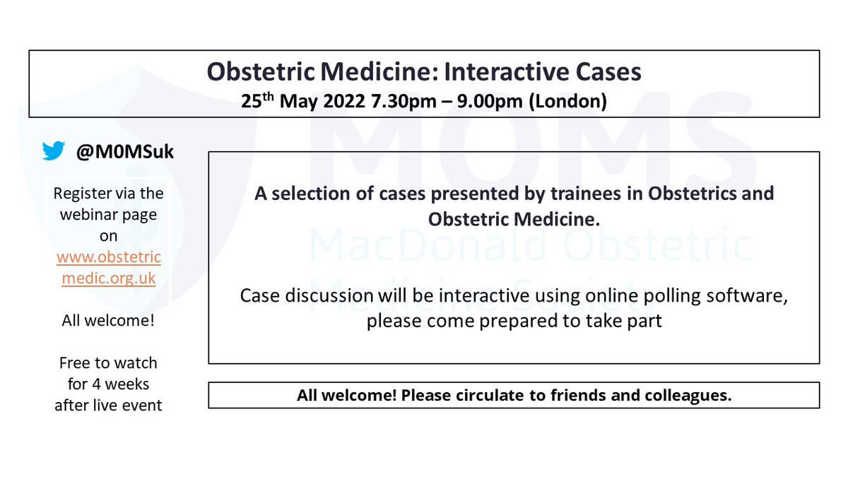 M0MSuk's tweet photo. 💥Next webinar alert! 💥

Obstetric Medicine: interactive cases
25.5.22
2000-2130

@Melanie_Nana1 @jennerobsmed @JackMilln 

All welcome! Come prepared to take part (anonymously via polling software) 

Recording available to all for 4 wks after event &amp; MOMS members forever! https://t.co/4WdANw8rqo
