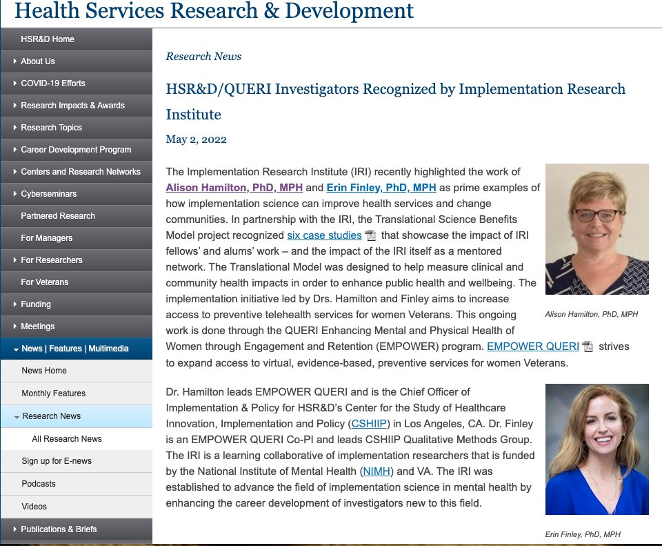 VA HSR (@vahsrd) on Twitter photo More kudos to our amazing investigators, the work of <a href="/Alisonh3/">Alison Hamilton</a> and <a href="/erin_finley/">Erin Finley</a> was highlighted by the <a href="/IRIfellowship/">IRIfellowship</a> as prime examples of how implementation science can improve health services and change communities.
hsrd.research.va.gov/news/research_⦠More kudos to our amazing investigators, the work of <a href="/Alisonh3/">Alison Hamilton</a> and <a href="/erin_finley/">Erin Finley</a> was highlighted by the <a href="/IRIfellowship/">IRIfellowship</a> as prime examples of how implementation science can improve health services and change communities.
hsrd.research.va.gov/news/research_ā¦