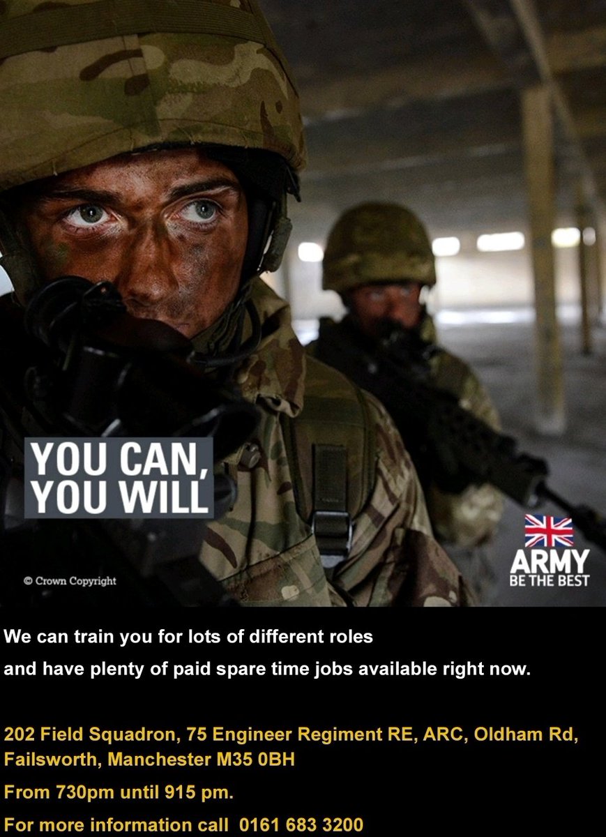 202_OC's tweet photo. 202 Field Squadron is opening its doors at the #Failsworth Army Reserve Centre on Tuesday 17 March from 1930 to 2115.

Come along and find out how you can do something worthwhile in your spare time. https://t.co/IfL9rMBf9T