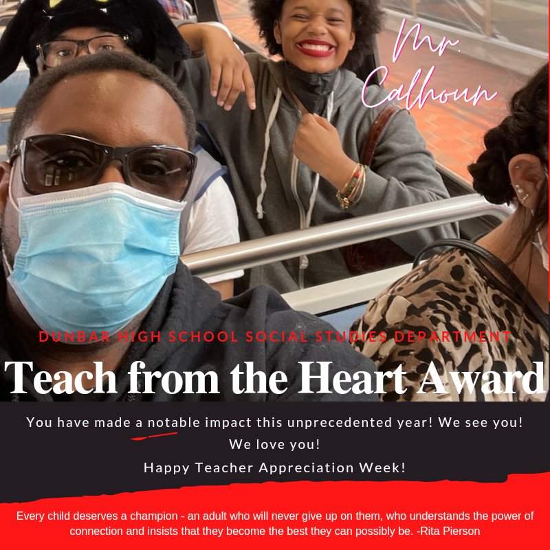 shelinawarren's tweet photo. On the last day of #TeacherAppreciationWeek I am elated to provide just a small token of appreciation to my Dunbar Social Studies family! They truly do teach from the heart #EverydayAtDunbar. ❤️🖤 https://t.co/WJz3utJSoS