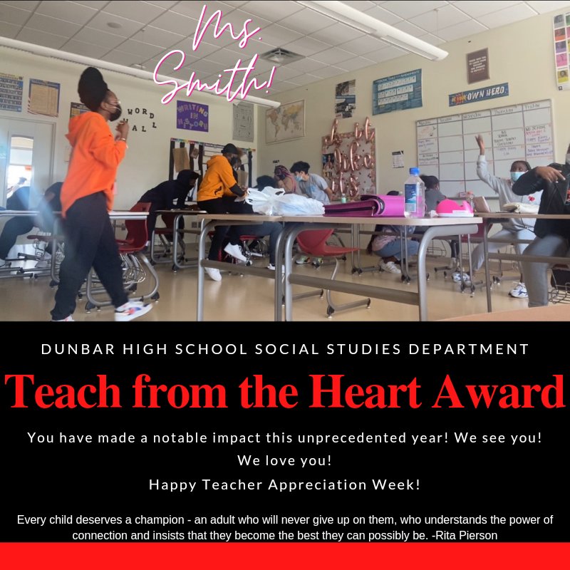 shelinawarren's tweet photo. On the last day of #TeacherAppreciationWeek I am elated to provide just a small token of appreciation to my Dunbar Social Studies family! They truly do teach from the heart #EverydayAtDunbar. ❤️🖤 https://t.co/WJz3utJSoS