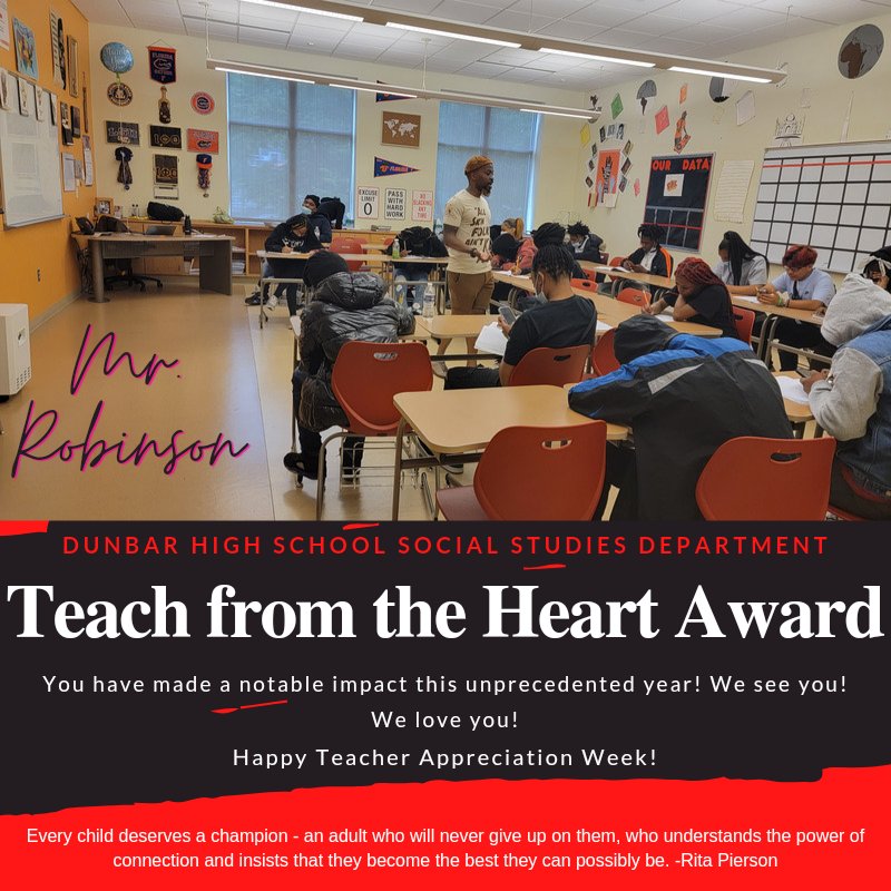 shelinawarren's tweet photo. On the last day of #TeacherAppreciationWeek I am elated to provide just a small token of appreciation to my Dunbar Social Studies family! They truly do teach from the heart #EverydayAtDunbar. ❤️🖤 https://t.co/WJz3utJSoS