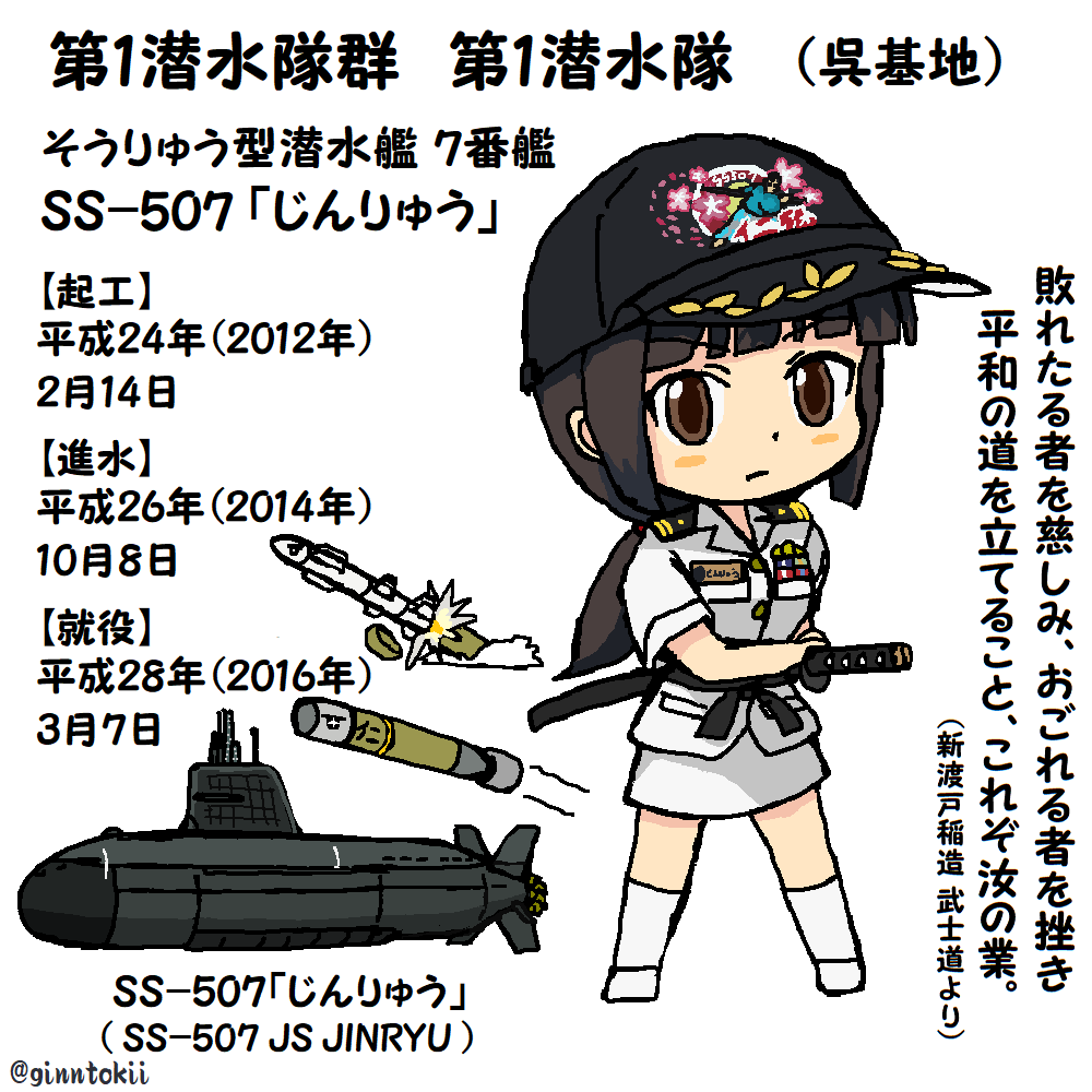 🎺おはようございます!
土曜日の朝です🌅

今日は5月7日
#507の日 で
SS-507 潜水艦「#じんりゅう」
海上自衛隊潜水艦隊HP
第1潜水隊:部隊紹介
https://t.co/Ci91r9LmOZ

また、駆逐艦「#暁」の進水日でも
昭和7年(1932年)5月7日
佐世保海軍工廠

今日も元気に行きましょう!
/(‾▽‾)✨#艦これ 