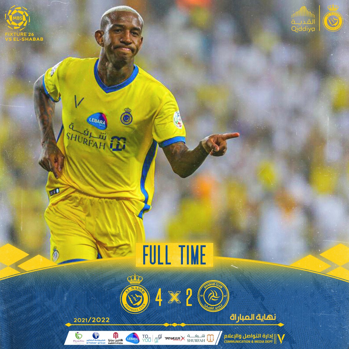 AlNassrFC's tweet photo. صـافرة النهـاية! 💪💛

رغم النقص والغيابات 
#النصر يكتفي برباعية في مرمى الشباب.

سجلها : عبدالإله العمري، وأندرسون تاليسكا "هدفين"، وعبدالمجيد الصليهم

ألف مبروك 👏
#النصر_الشباب https://t.co/RwU1YVAKIQ