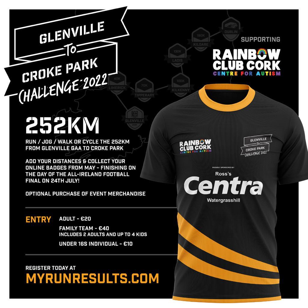 The club are delighted to announce the 2nd Glenville to Croke Park Challenge.
This year we are raising funds to install floodlights and for <a href="/Rainbowclubcor2/">Rainbow Club Cork</a> .
All details are in the link below. 
Kindly sponsored by Ross's Centra, Watergrasshill.
myrunresults.com/events/glenvil…