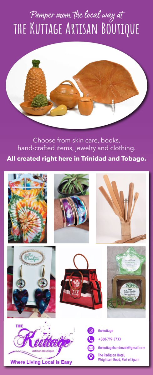 TKuttage's tweet photo. Get your local handcrafted gifts for Mom at The Kuttage Artisan Boutique located in Radisson Hotel, POS where living local is easy https://t.co/Zzu2dKfod2