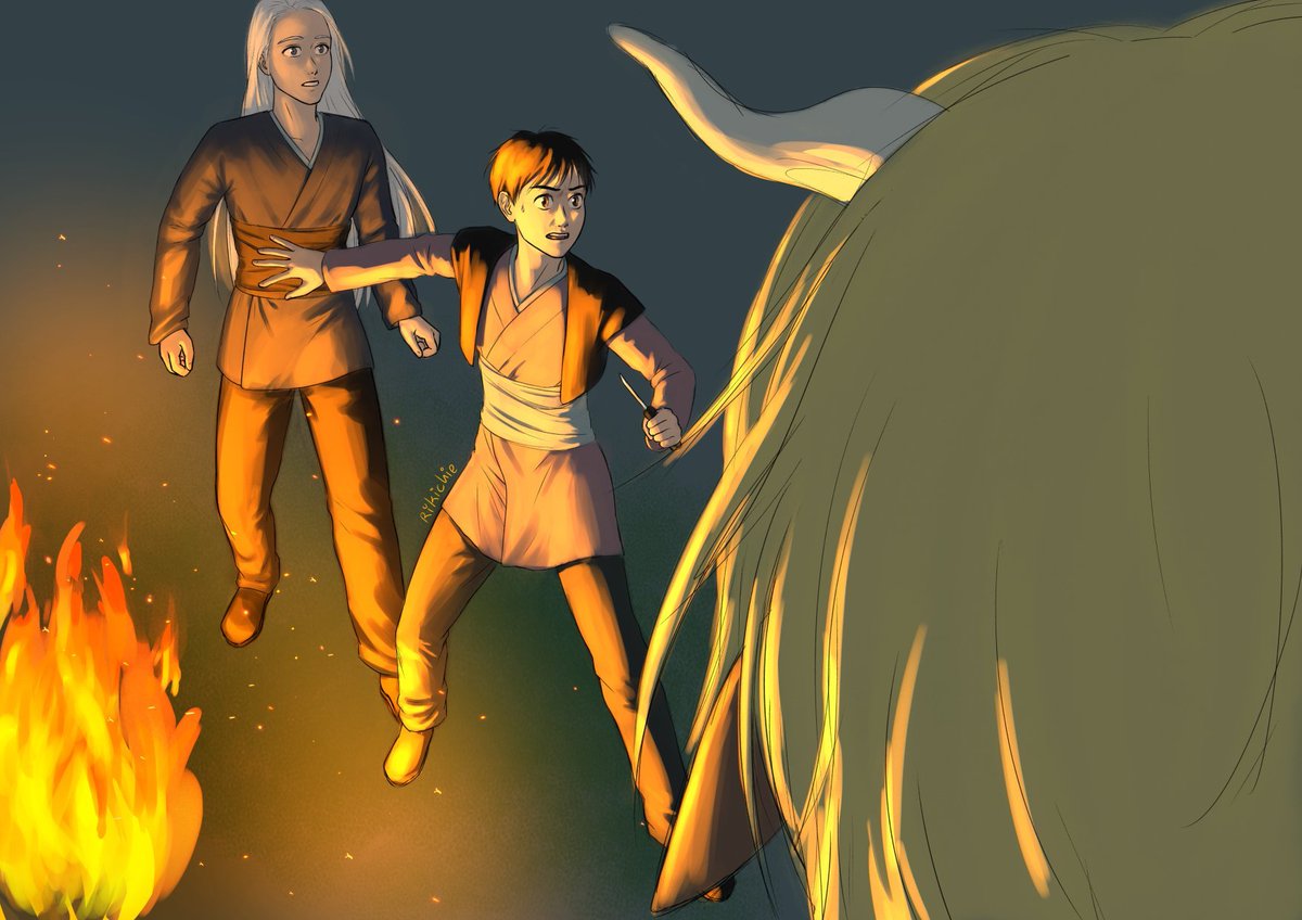 The last art I made for <a href="/yoibang2021/">Yuri!!! On Ice Big Bang @ posting</a>, for Link's Twelve Kingdoms AU. I can't tag him here, but he was a delight to work with and I'm so happy I got to chat about two of my favorite fandoms with a new friend.

You can read the fic here: archiveofourown.org/works/38830737…