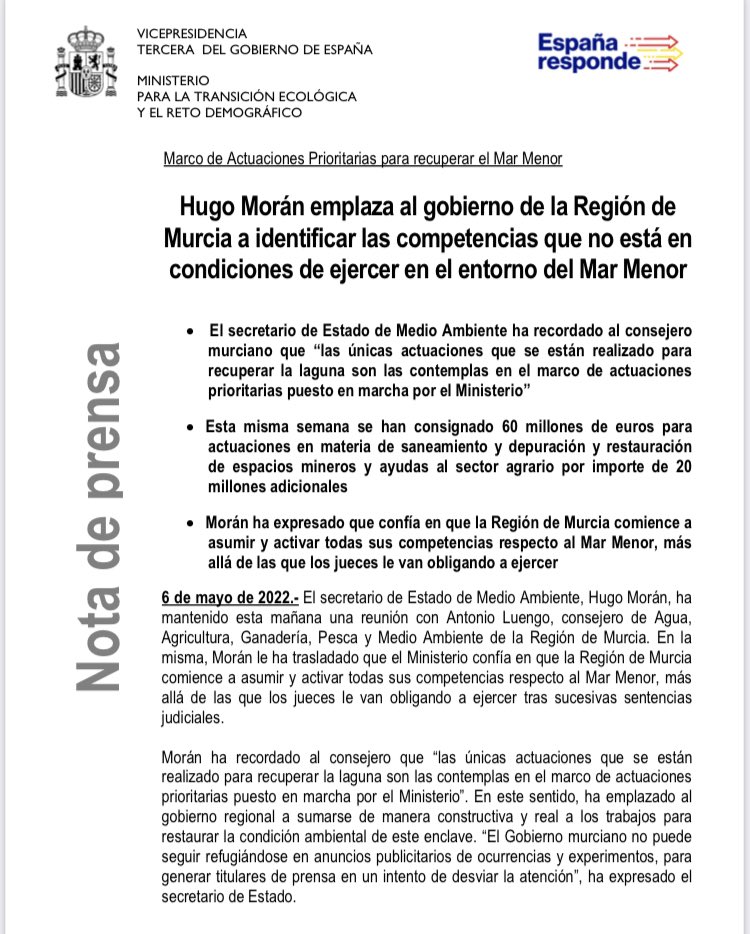 RosaRodaNews's tweet photo. Dura nota del @mitecogob instando a la CARM a asumir sus competencias con el Mar Menor tras la reunión hoy en Madrid del consejero Luengo con el Secretario de Estado de Medio Ambiente, Hugo Morán. https://t.co/5E3usEZR6a