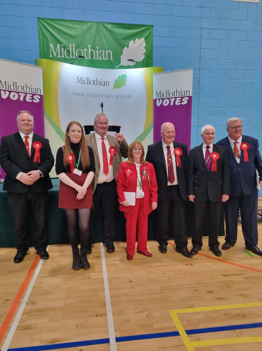 MidlothLabour's tweet photo. Great news, 7 Scottish Labour councillors were elected in Midlothian. (Left to right) Stevie Curran, Kelly Drummond, Bryan Pottinger, Margot Russell, Derek Milligan, Russell Imrie and Willie Mcewan. Congratulations!!!!!! #ScottishCouncilElections @ScottishLabour https://t.co/kFr6QIt3d8