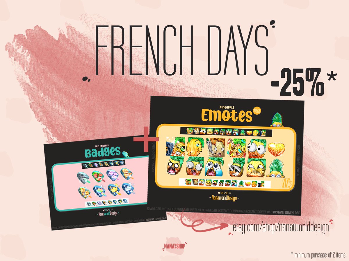 NanaWorldDesign's tweet photo. ✨Offre FRENCH DAYS ✨
Emotes ananas avec des badges glaces disponible sur https://t.co/CjBPMp16UA 🍍
Prolongement exceptionnel jusqu'à 00h !✨
#makeyourmix
-25% à partir de 2 articles achetés!🏷
#emoteartist #promos #twitchstreamer https://t.co/78sn3Tcwz8
