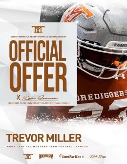 _trevor_joe's tweet photo. So cool to announce my first scholarship Offer to @MonTechFootball!!! Thanks to @coachdthatcher for the phone call!  Roll Digs!!⚒🏈
#Family
#CountOnMe 
#LightTheV23 https://t.co/ZMKSYlCpQP