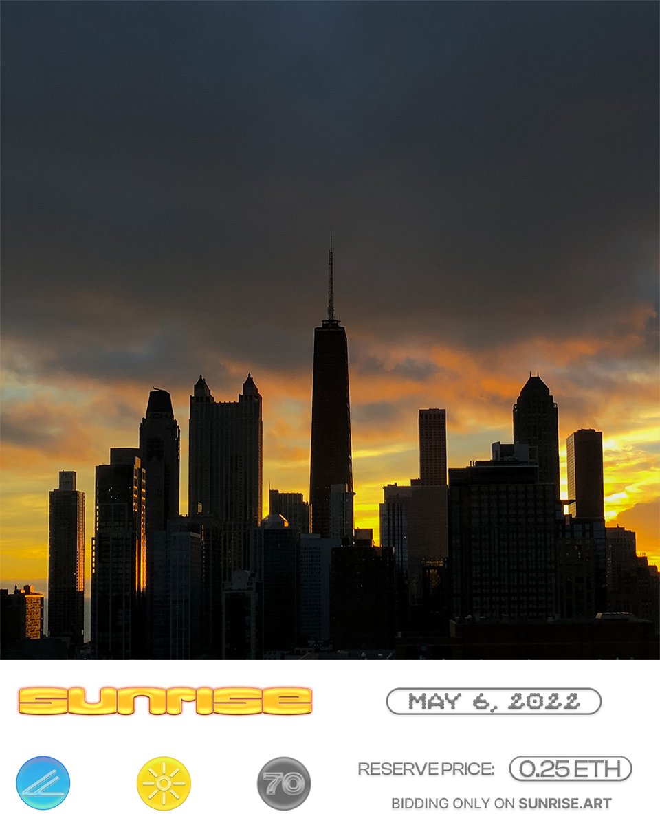 SunriseArtClub's tweet photo. May 6 π§‘β¨
Bid on https://t.co/2MMSyzQvdK
Reserve: 0.25 $ETH + gas
#SunriseArtClub #SunriseNFT #WeRiseBetterTogether #ilovesunriseart #chicago #sunrise https://t.co/4fU7peVpnK