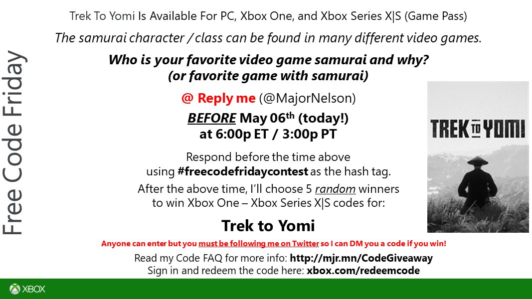 majornelson's tweet photo. #freecodefridaycontest time. Read this and you could win a code for Trek to Yomi on Xbox One - Xbox Series X|S. Good luck! https://t.co/zZsEbzyhj5