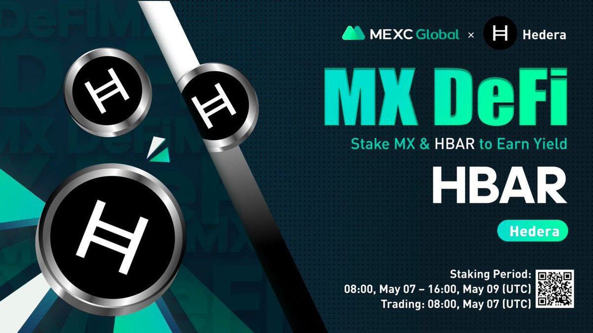Just seen <a href="/MEXC_Global/">MEXC Global</a> will list  $HBAR/USDT as a spot trading pair at 8am UTC  May 7 (UTC) <a href="/hedera/">Hedera</a>

🔨Launching the new MX DeFi - Stake $MX or $HBAR to earn liquidity yield on $HBAR 💰

Details: bit.ly/3siDfeB

Sign up here: mexc.com/zh-TW/register…
DYOR NFA