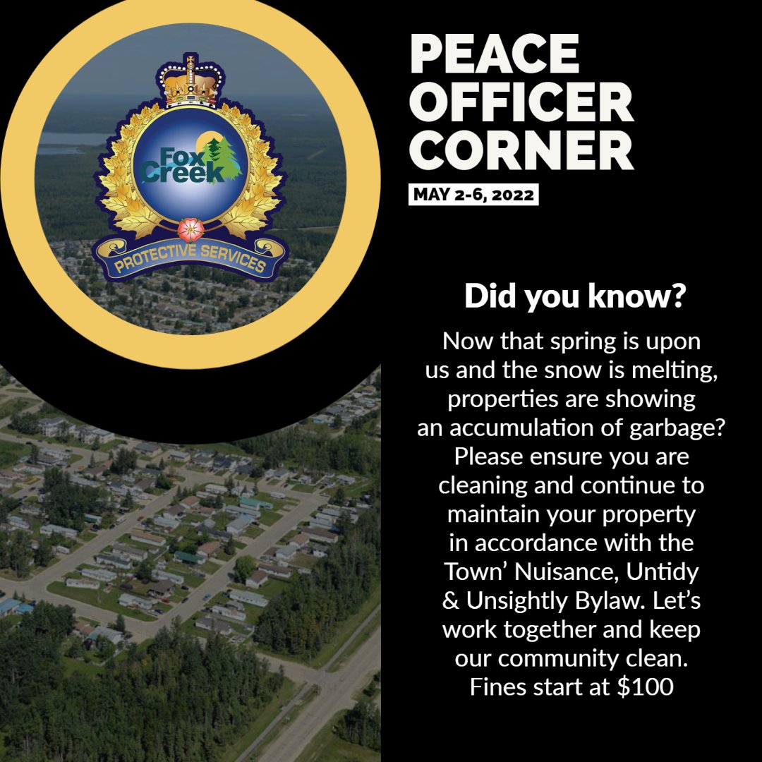 Welcome to the Peace Officer Corner!

It is our goal that with each week's post, we will help you learn a little bit more about our Town's bylaws. 

Stay tuned for next week's.

#foxcreek #whatsupinfox
