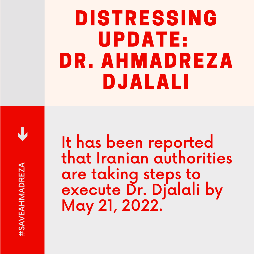 UBC_SAR's tweet photo. On May 4, we learned of distressing news regarding Dr. Ahmadreza Djalali. It has been reported that Iranian authorities are taking steps to execute Dr. Djalali by May 21.

#FreeDjalali
#SaveAhmadreza
#AhmadrezaDjalali
#احمدرضا_جلالی
#humanrights
#scholarsatrisk
#SAR https://t.co/RclEvFUGyn