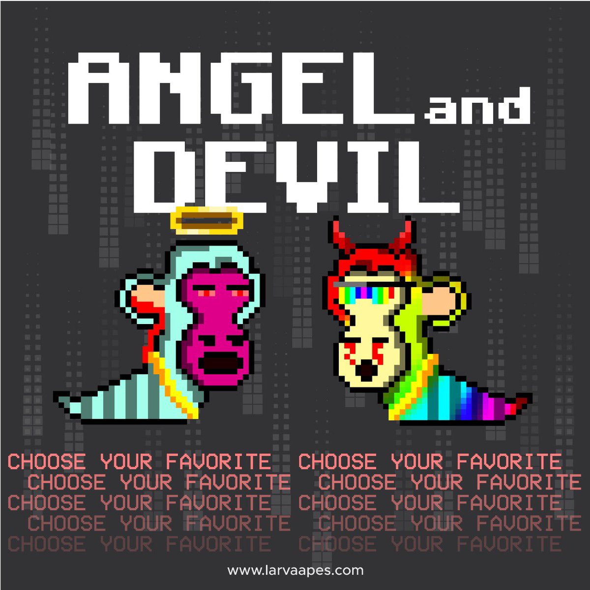 Our NFT collection of 6,602 Larva Apes has a little bit of both Angel and Devil personalities!
Which one would you rather choose?

Let us know in the comments!
📍larvaapes.com

#NFT #Giveaway #NFTLarvaAPEs #NFTs #NFTGiveaway