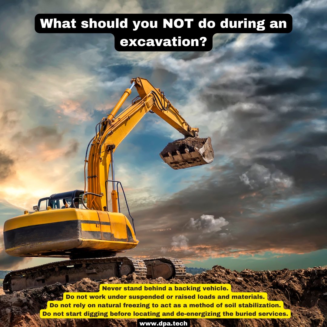 DPA_Training's tweet image. What should you NOT do during an excavation? ❌
.
.
Like this post if you learnt something 😀 and don’t forget to give us a follow ✨ @DPA_Training 
.
.
#safety #excavationsafety #damage #prevention #safetytips #excavator #healthandsafety #workplacesafety #worksite