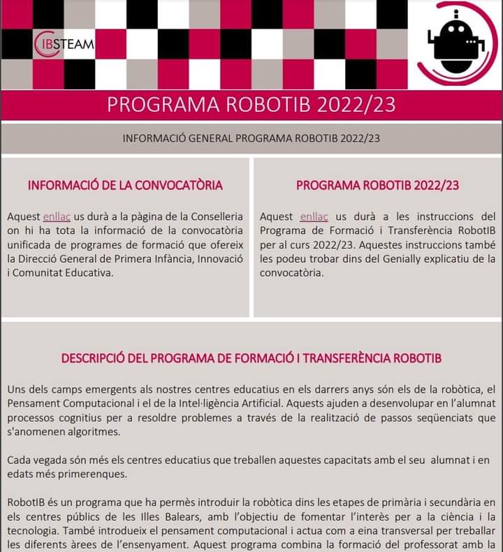 ibsteam_caib's tweet photo. Des d’IBSTEAM us volem informar que el passat dia 30 d’abril va sortir publicada la convocatòria unificada de programes de formació i innovació educativa.
Si voleu informació del Programa RobotIB clicau aquest enllaç https://t.co/005OKQMZmQ
@EDUN_IB #robotib #roboticaeducativa https://t.co/5xRuOaDAWo