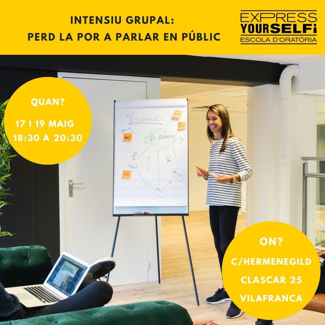 📢Intensiu del mes de maig! 
Perd la por a parlar en públic! 
📅Dies 17 i 19 maig de 18:30 a 20:30
A l'escola Express Yourselfi de #Vilafrancadelpenedès
expressyourselfi.com 
#oratòria #comunicació #formació #penedès #garraf #anoia #parlarenpúblic