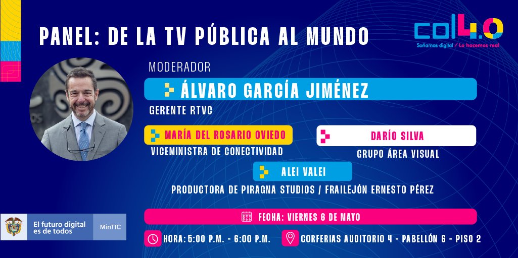 RTVCcol's tweet photo. Estamos listos para contarles más de @soyelfrailejon y otros contenidos de la TV Pública. Conéctate con esta charla de nuestro gerente, @AlvaroGarciaJ, la viceministra de Conectividad, @mariaoviedo y @Piragna_SAS, del #TeamFrailejón.
📲 https://t.co/HBJLzvXUI1
#Col40Viernes https://t.co/r2u4yyhpoe
