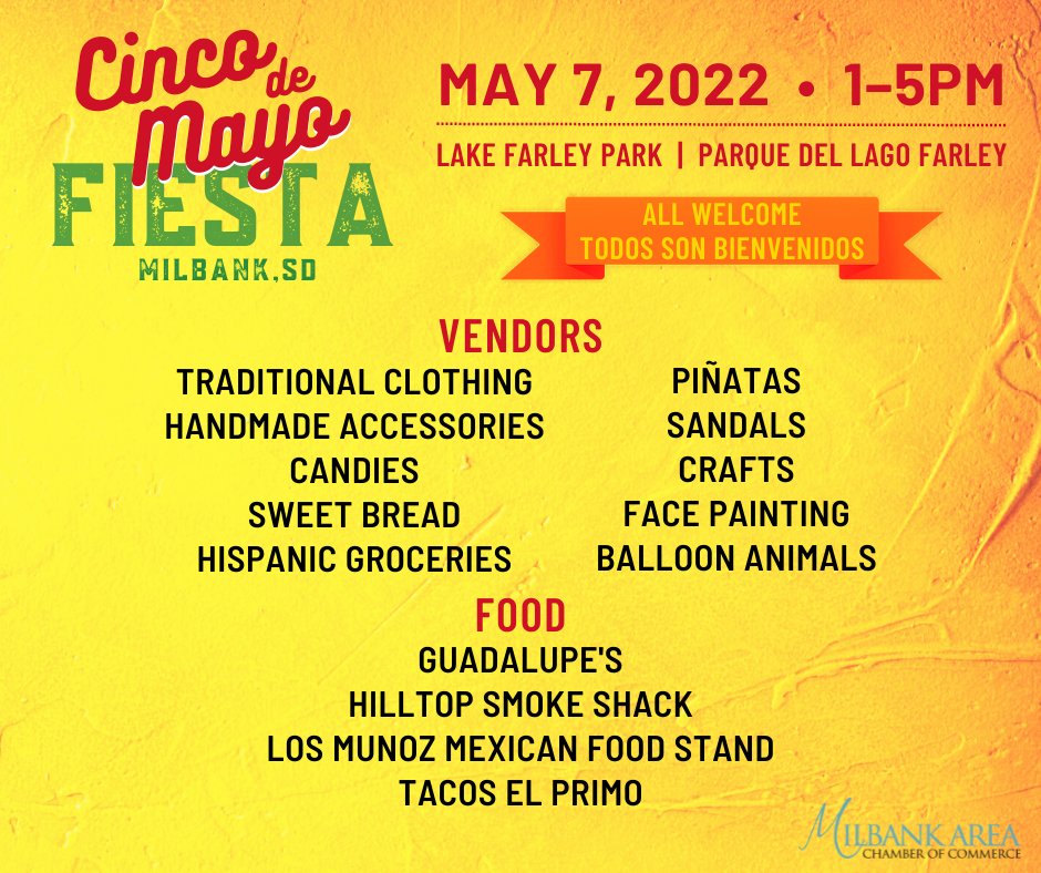 Join us tomorrow for a celebration of Hispanic culture. There will be authentic Mexican food, dancing, music, shopping, and more!
#milbanksd #milbankchamber #cincodemayo