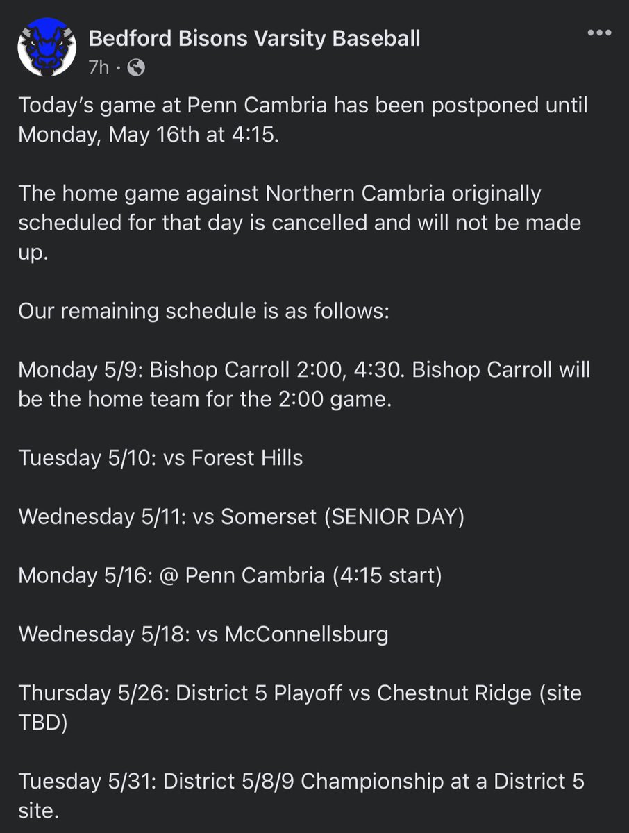 BedfordBisons's tweet photo. Schedule update for remainder of the year. https://t.co/G8DT1XmQfO