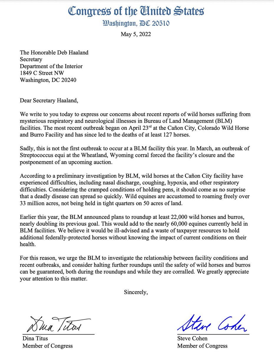 MartyIrby's tweet photo. Many thanks to @RepDinaTitus and @RepCohen for continuing to hold @BLMNational @Interior @SecDebHaaland accountable for the grave injustices we continue to see with our iconic American #wildhorses and burros on federal lands. #horses #BLM #animals2022 🐴 https://t.co/TnqP0bj7jJ