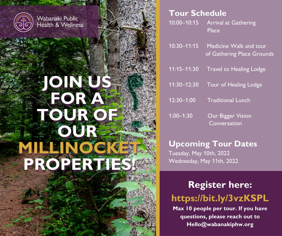 Here is the updated itinerary for our upcoming tours of our WPHW Millinocket Properties! Upcoming tour dates are next Tuesday, May 10th and Wednesday, May 11th. 

Register for a tour here: bit.ly/3vzKSPL