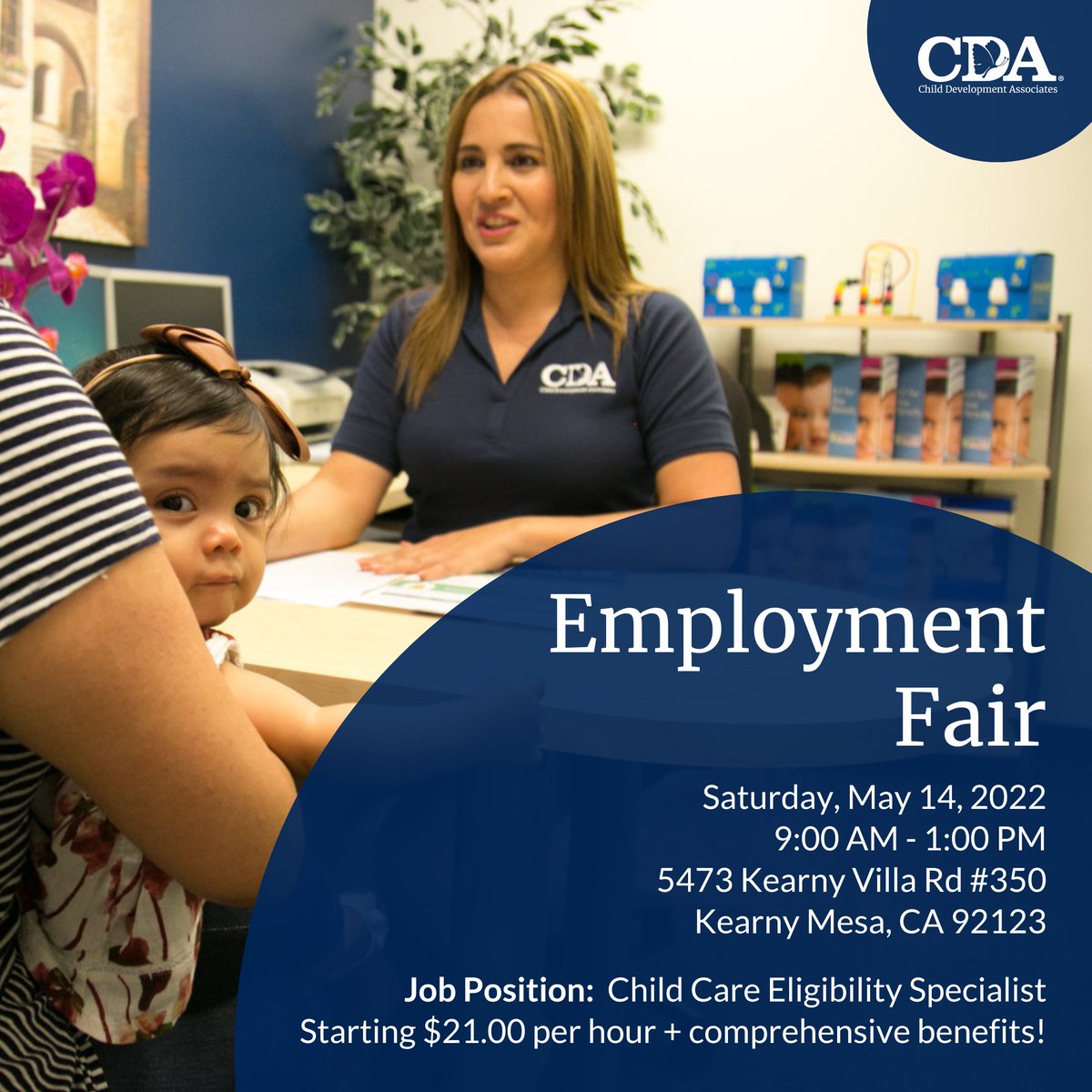We’re hiring Child Care Eligibility Specialists at our Kearny Mesa location! Join us on Saturday, May 14th from 9:00 AM - 1:00 PM for an exciting on-site job fair and help us create positive change in our community. For event and position details, visit conta.cc/3vPB04A