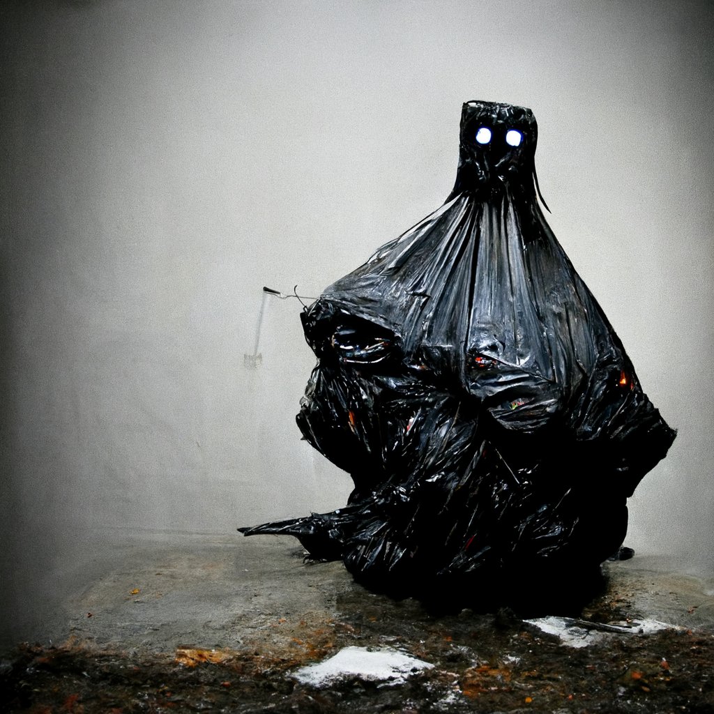「forlorn ghost made of garbage bags and m」|Mike Franchinaのイラスト