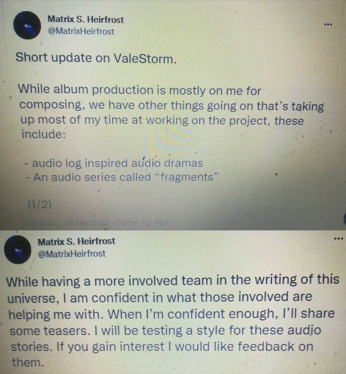 Okay... So VS have some upcoming projects soon, but they do have a shortage of female singers and VAs after a certain someone's departure... If only I could be a part of these "other things" Matrix has mentioned in his tweet... I'd gain interest if he does get back to me...