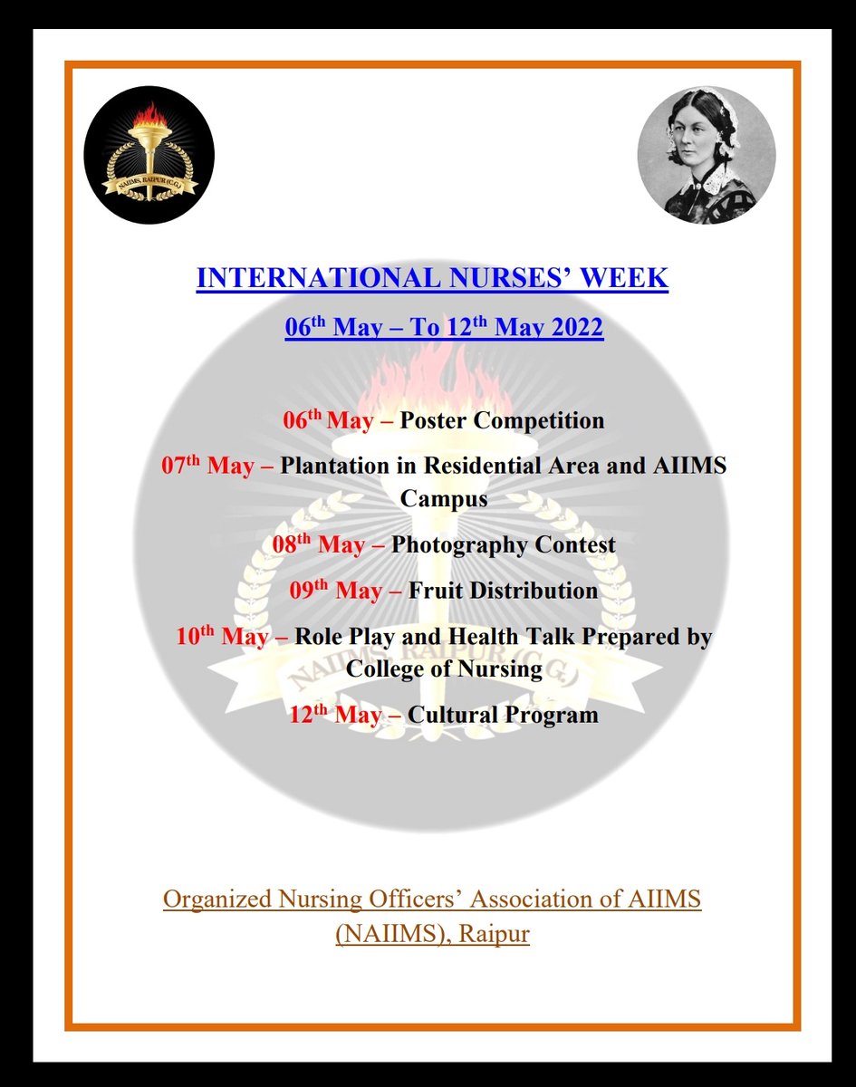naiimsrpr's tweet photo. NAIIMS Raipur is celebrating Nurses' week from 6th May 2022 to 12th May 2022 on the occasion of Nurses' Day which is on 12th May 2022
#naiimsraipur #aiims #naiims #aiimsraipur #nursesweek2022 #NursesDay2022 #aignf https://t.co/6MiXJJR13e