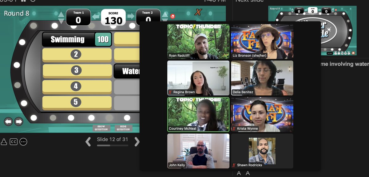 Lizbconsult's tweet photo. Playing a very serious game of @SupportLogicInc Feud with almost half of our company participating. We love seeing our employees' creativity with their team names, virtual backgrounds, and #collaboration ideas. #team #lifeatsupportlogic #teamfun #supportexperience #funatwork https://t.co/HPALraUwVp