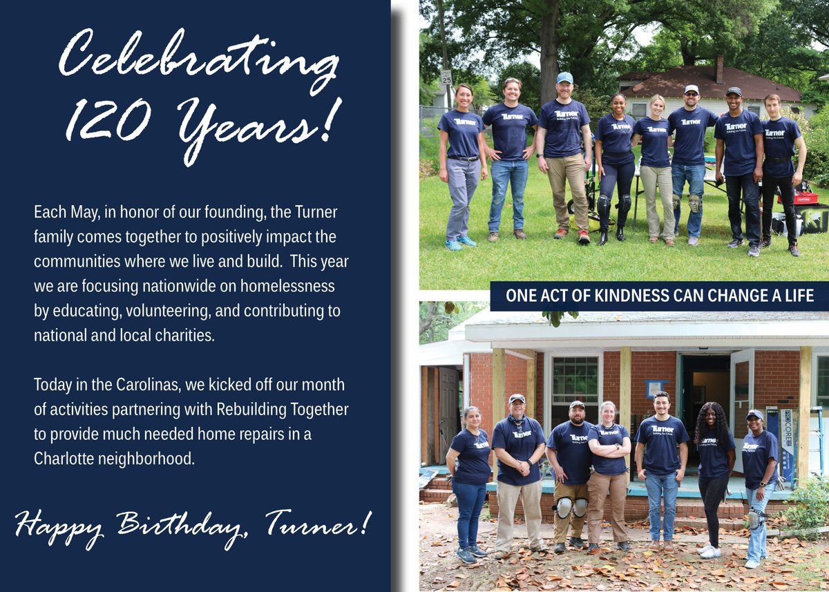 Happy 120st Birthday, Turner!

Thank you to <a href="/RebuildingCLT/">Rebuilding Together of Greater Charlotte</a>  for hosting our first of many communities service activities this month as we celebrate 120 years of building excellence!
