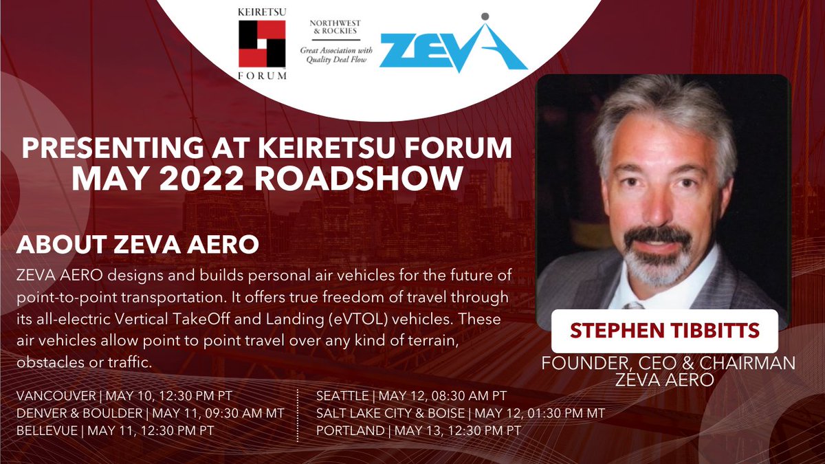 StephenTibbitts's tweet photo. Presenting ZEVA at the Keiretsu "Road Show" next week! https://t.co/jt8jNI2NWP