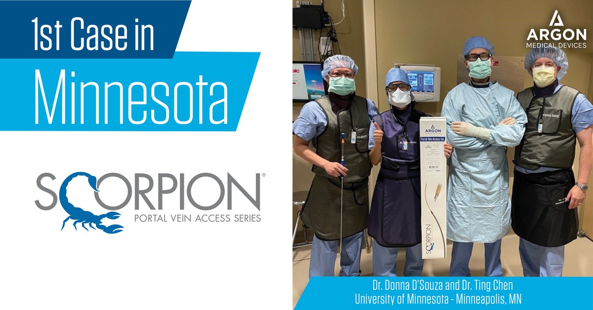 ArgonMedical's tweet photo. The IR team at @umnmedschool is the first in the state utilize the Scorpion® Portal Vein Access Series for a TIPS procedure. Congratulations to Dr. Ting Chen and Dr. @DonnaDSouzaMD for the completion of a successful first case! Learn More: https://t.co/rNfaR67C8S https://t.co/MFftT7AbWq