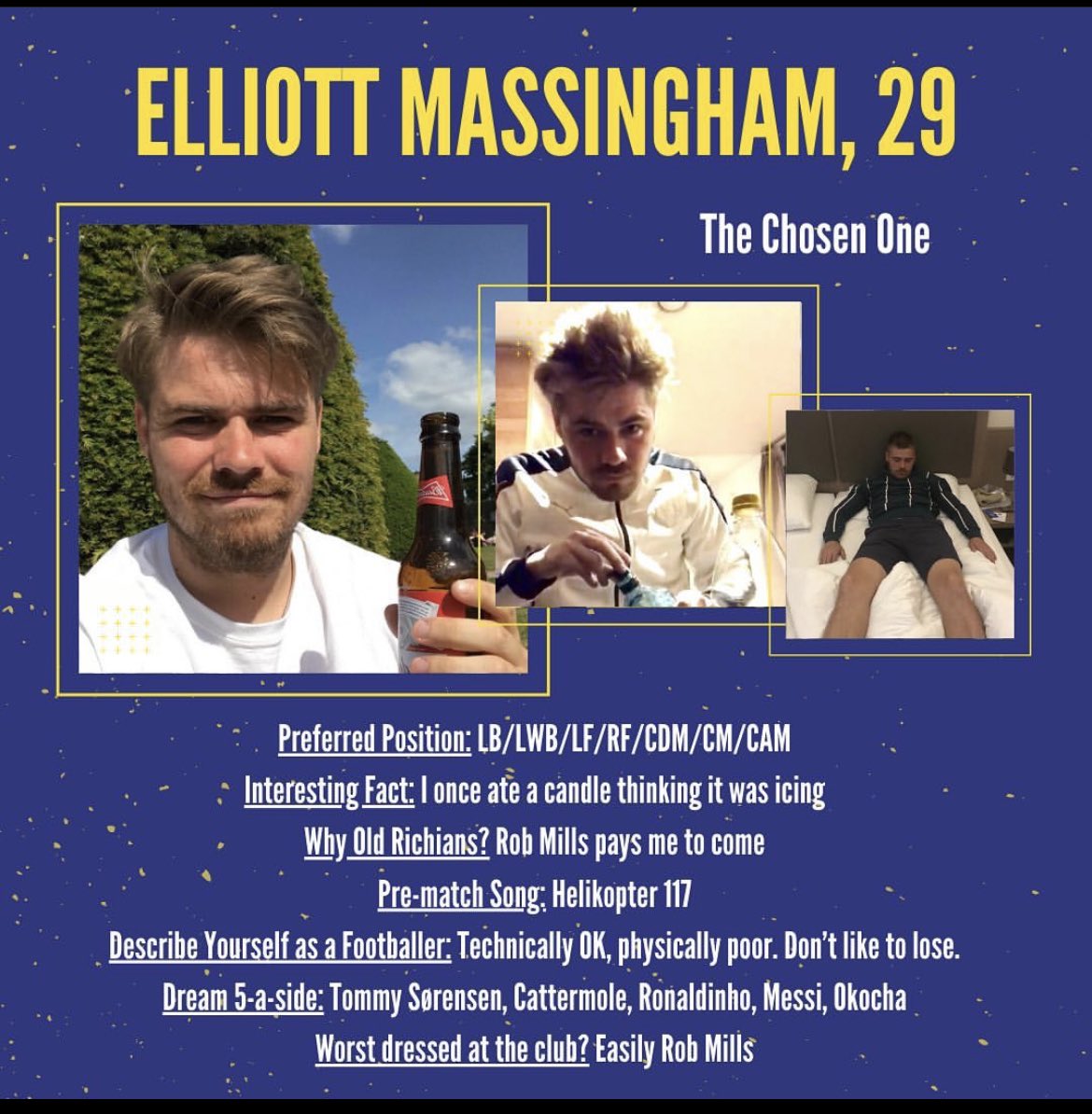 We wish 1st team player @ellmassingham and the wife to be, the best wedding day tomorrow and all the happiness moving forward. From all at Old Richians 🔵🟡